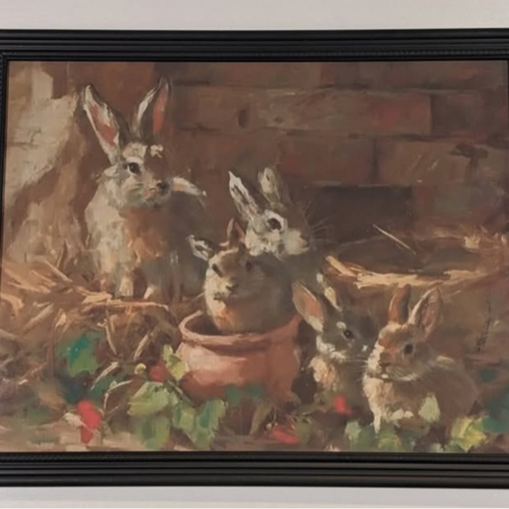Five Bunnies Pots PlantsLandscape Painting Print Framed Art8"x10" Spring Decor